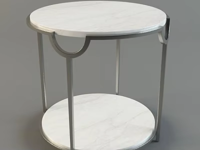 Modern Round Side Table with White Marble Top and Silver Metal Frame and Lower Shelf 3d model