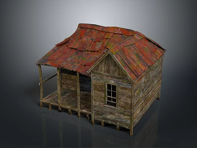 Old Weathered Wooden House Featuring Rusted Metal Roof Porch And Window 3d model