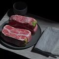 Fresh Marbled Raw Steak on Dark Plate with Gray Cup and Linen Napkin on Placemat
