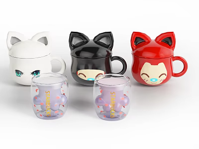 Cute Cat Ear Mugs in White Black Red and Transparent with STRENGTH Print 3d model