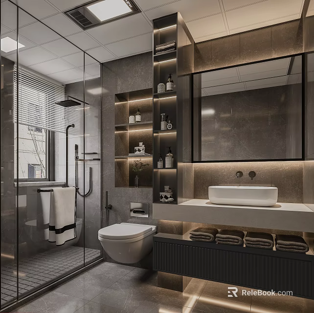 Modern Bathroom Interior With Glass Shower Toilet Vanity Mirror And Storage Shelves 3d model 