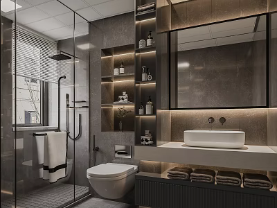 Modern Bathroom Interior With Glass Shower Toilet Vanity Mirror And Storage Shelves 3d model