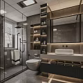 Modern Bathroom Interior With Glass Shower Toilet Vanity Mirror And Storage Shelves