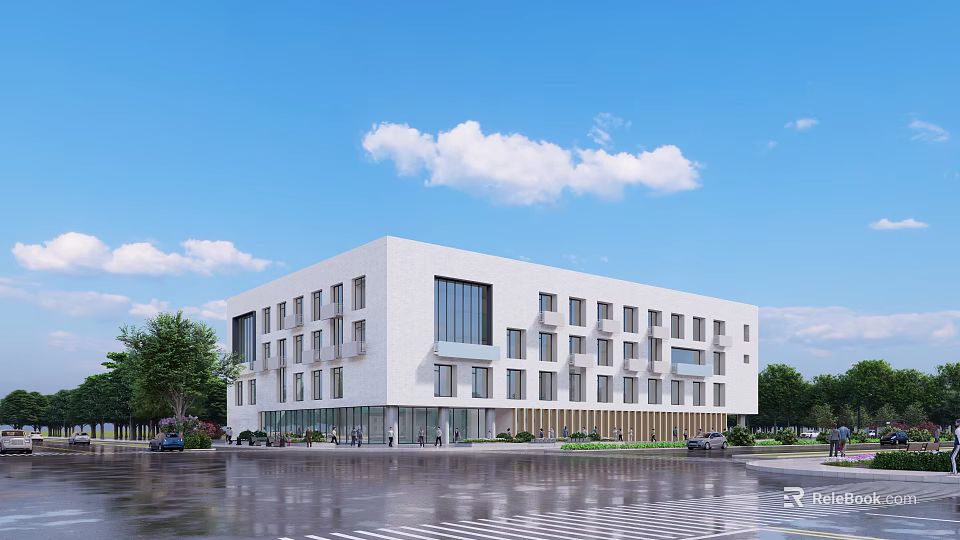Modern Multi Story Office Building With White Exterior Large Windows Trees And Blue Sky 3d model 