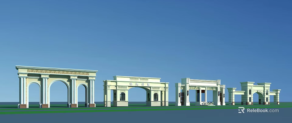 Classical Style White Entrance Gates With Arched Doorways Columns And Blue Sky 3d model 