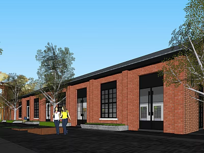 Red Brick Building Exterior With People Walking In Front And Trees Around Blue Sky 3d model