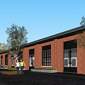 Red Brick Building Exterior With People Walking In Front And Trees Around Blue Sky