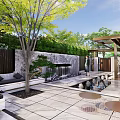 Modern Courtyard Garden Design With Stone Path Water Feature And Pergola Seating Area