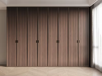 Modern Wooden Wardrobe with Sleek Panel Design and Minimalist Door Handles in Bright Interior Space 3d model
