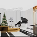 Modern Living Dining Room With Yellow Curved Sofa Black Piano Christmas Tree Fireplace Striped Flooring