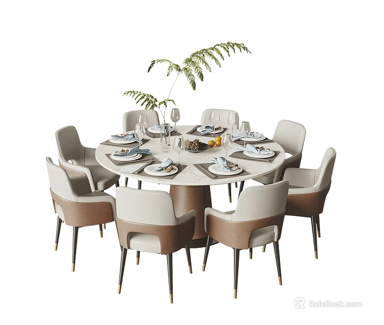 Round Dining Table Set with Eight Light Gray Brown Chairs Tableware and Green Plant Vase 3d model