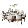 Round Dining Table Set with Eight Light Gray Brown Chairs Tableware and Green Plant Vase 3d model