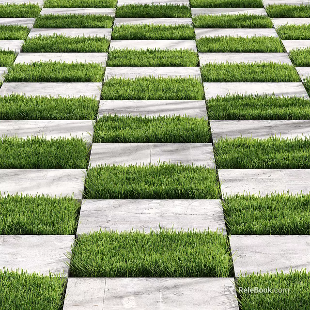 Green Grass Lawn With Gray Stone Slabs Arranged In Checkerboard Pattern 3d model 