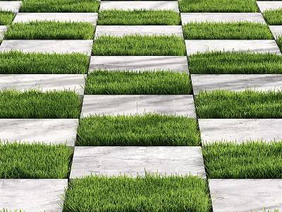 Green Grass Lawn With Gray Stone Slabs Arranged In Checkerboard Pattern 3d model