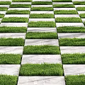 Green Grass Lawn With Gray Stone Slabs Arranged In Checkerboard Pattern 3d model