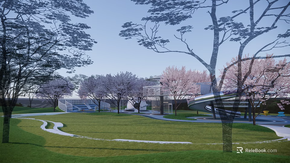 Kids Play Area With Cherry Blossom Trees Green Lawn And Modern Building Design 3d model 
