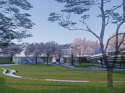 Kids Play Area With Cherry Blossom Trees Green Lawn And Modern Building Design 3d model