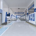 Spacious Industrial Factory Interior With White Pillars Blue Signs Hanging Equipment and Floor Lines