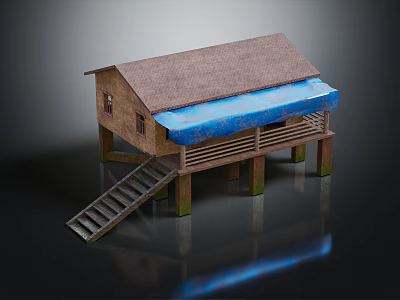 Wooden House Exterior with Brown Roof Blue Awning on Stilts and Wooden Stairs 3d model
