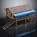 Wooden House Exterior with Brown Roof Blue Awning on Stilts and Wooden Stairs