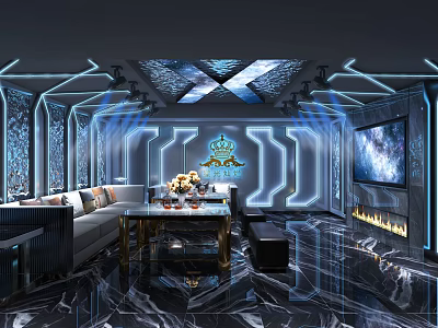 Luxury Modern KTV Interior With Neon Lights Sofa Coffee Table TV Crystal Decorations Starry Ceiling 3d model