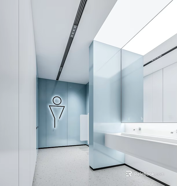 Modern Public Restroom Interior With Blue Wall White Sink And Mirror 3d model 