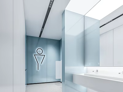 Modern Public Restroom Interior With Blue Wall White Sink And Mirror 3d model