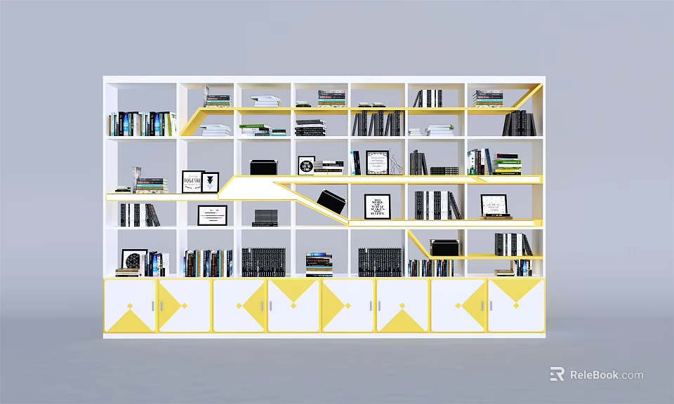 Modern Style White And Yellow Multi Compartment Bookcase With Books Photo Frames Decor Items 3d model