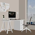 Modern White Office Desk With Computer Lamp Small Potted Plant Ergonomic Chair Window Blinds