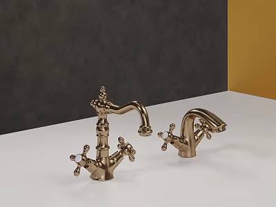 Ornate Brass Faucets Display On White Countertop With Gray Yellow Walls 3d model