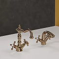 Ornate Brass Faucets Display On White Countertop With Gray Yellow Walls