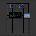 Gaming Computer Desk With Purple LED Lighting Laptop Digital Graphics And Speakers On Shelves