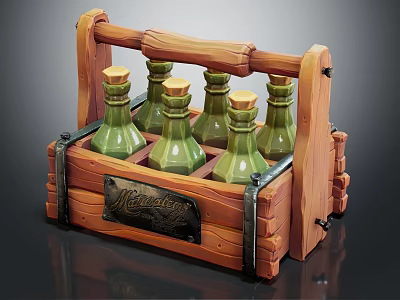 Wooden Crate With Green Glass Bottles Handle Metal Straps And Decorative Label 3d model