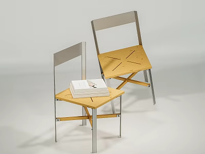 Modern Dining Chairs With Wooden Seats Metal Backrests Crossed Legs And A Book On Top 3d model