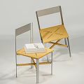 Modern Dining Chairs With Wooden Seats Metal Backrests Crossed Legs And A Book On Top