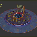 Circular Blue Structure With Red Vertical Supports And Central Ring Design