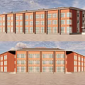 Large Red Brick Public Building Exterior With Multiple Windows And Dark Symmetrical Roof