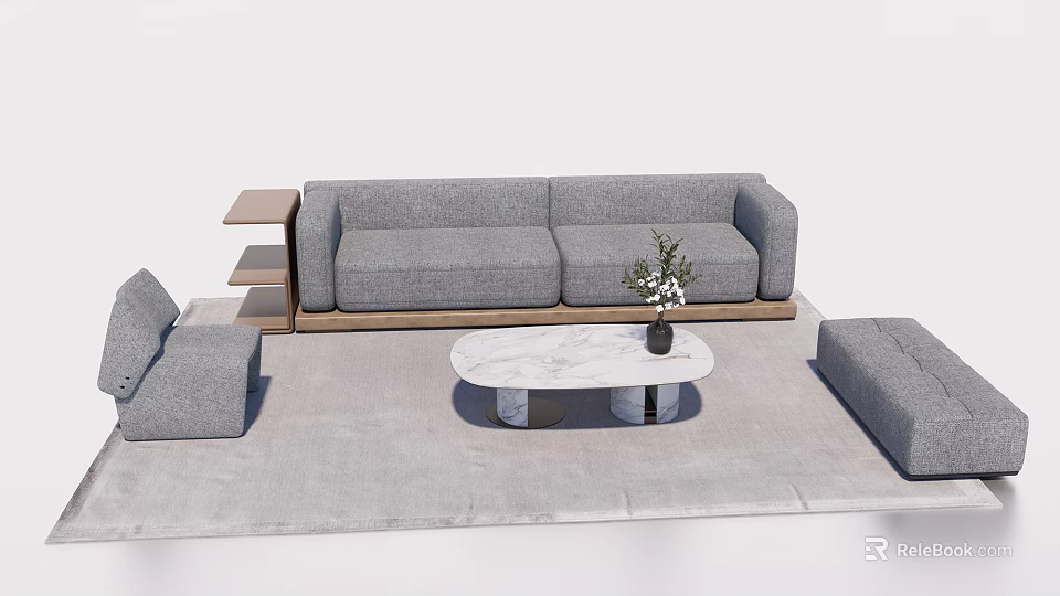 Modern Gray Sofa And Coffee Table Set With Marble Top Side Tables And Rug 3d model
