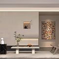 Comfortable Office Lounge With Sofa Coffee Table Fireplace Plants And Window Blinds