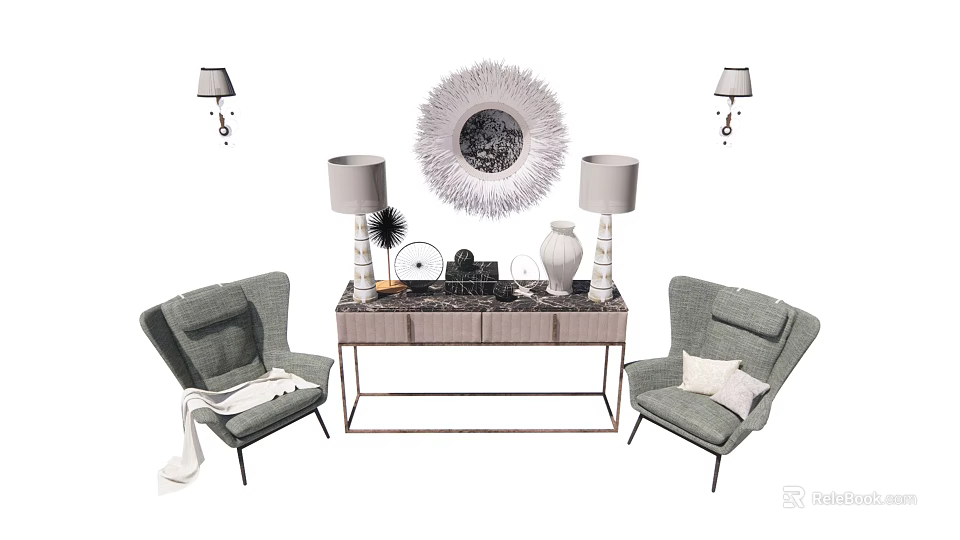 Modern Elegant Entryway Console Table With Grey Armchairs Round Mirror And Table Lamps 3d model 