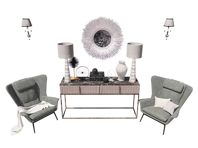 Modern Elegant Entryway Console Table With Grey Armchairs Round Mirror And Table Lamps 3d model