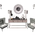 Modern Elegant Entryway Console Table With Grey Armchairs Round Mirror And Table Lamps