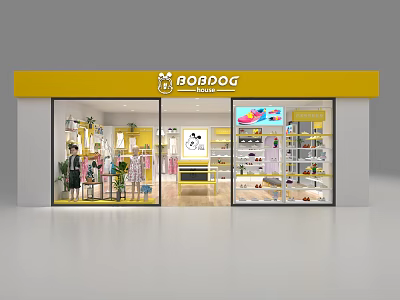 BOBDOG Clothing Store with Yellow Signboard Window Display Mannequins and Apparel Shoes 3d model