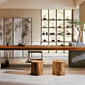 Traditional Tea Room Interior With Long Wooden Table Tea Sets Bamboo Screens And Circular Arch