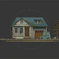 Cute Cartoon Miniature Scene with Blue Roof House Green Car and Yellow Leaf Tree