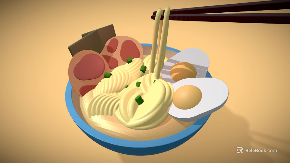 Delicious Ramen Bowl with Noodles Meat Slices Egg and Scallions Chopsticks Lifting Noodles 3d model 