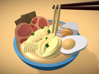 Delicious Ramen Bowl with Noodles Meat Slices Egg and Scallions Chopsticks Lifting Noodles 3d model