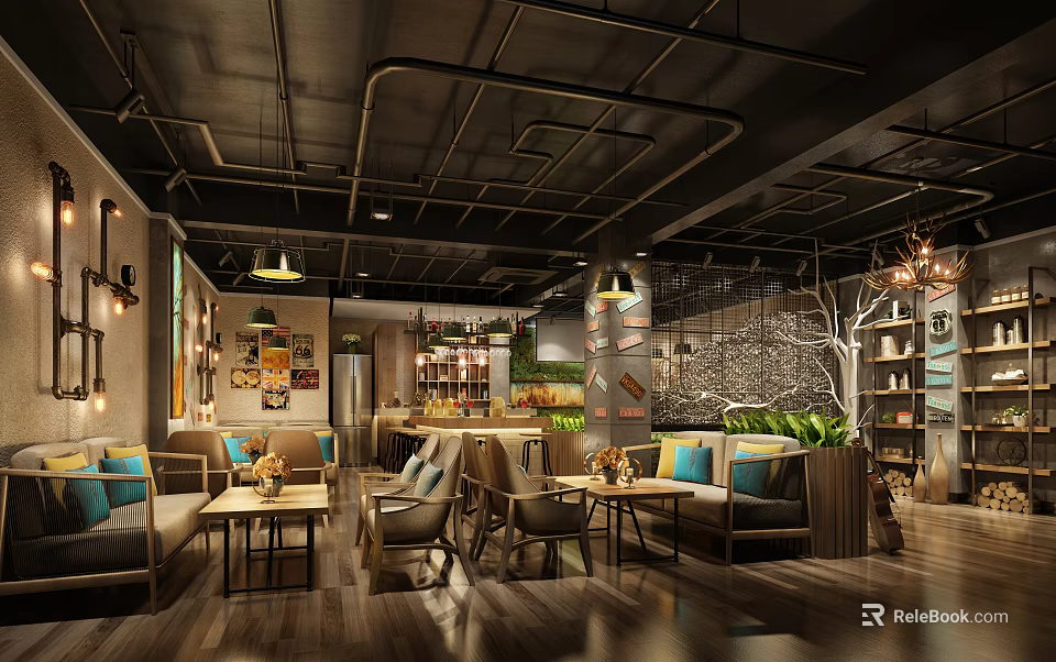 Modern Coffee Shop Interior With Comfortable Seating Warm Lighting And Wooden Decor 3d model 