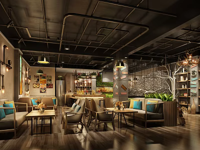 Modern Coffee Shop Interior With Comfortable Seating Warm Lighting And Wooden Decor 3d model