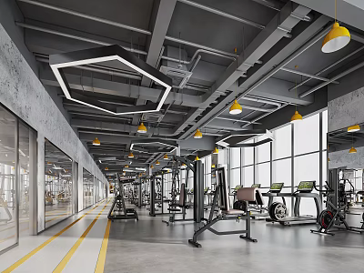 Modern Fitness Gym With Spacious Interior Fitness Equipment Yellow Pendant Lights And Large Windows 3d model